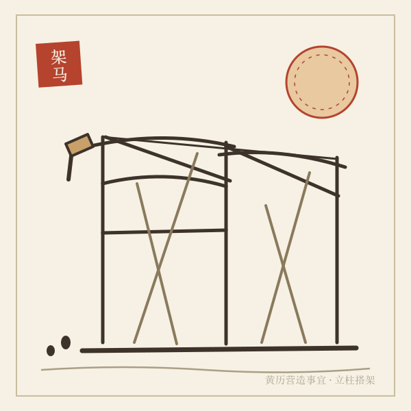 传统木构架马施工场景插画