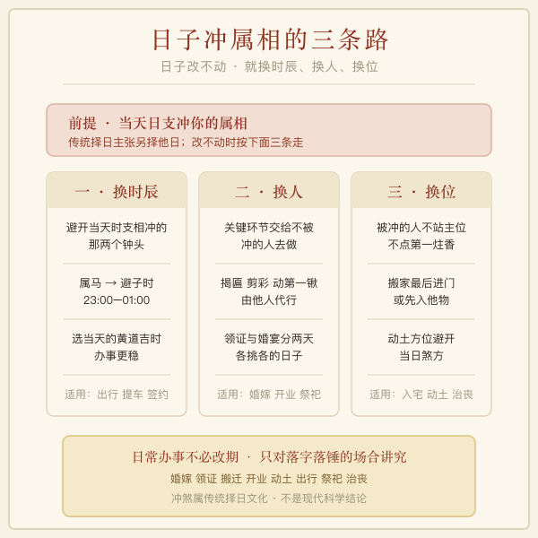 日子冲属相时的三条替代路径：换时辰、换人、换位