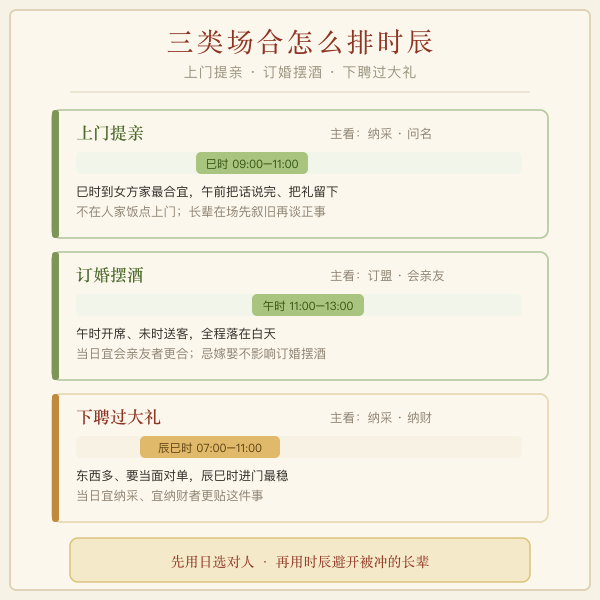 上门提亲、订婚摆酒、下聘过大礼三类场景的时辰安排